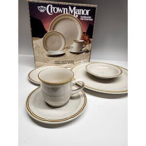 NEW Stoneware Set Vintage Crown Manor Desert Winds 5 pcs Handpainted NIB Neutral